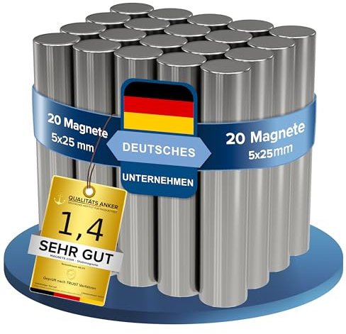 20x Neodym Power Magnet silber - Stabmagnet extra stark lang - Durchmesser 5x25mm lang - starke Magneten Supermagnet - Haftkraft ca. 1 kg - Magnete für Whiteboard, Pinnwand, Magnettafel, Werkstatt