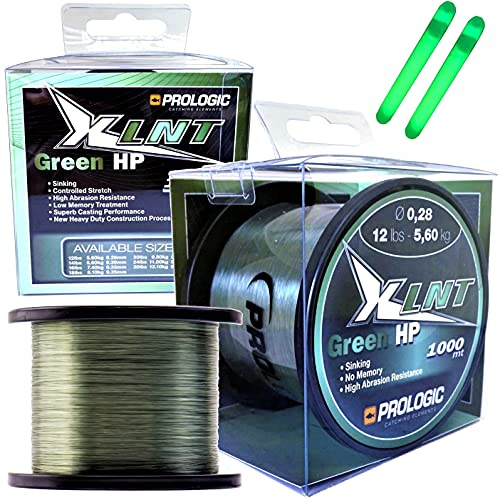 PROLOGIC XLNT HP Green Monofil Karpfen Schnur 1000m - Monofilschnur Angelschnur Karpfenschnur - 0,28mm bis 0,43mm + GRATIS 2er Pack Knicklichter (‎0,40mm / 11,00kg (24 lbs))