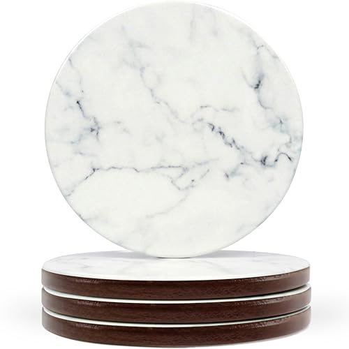 Naivasha Homeware Marmor-Untersetzer, 4er-Set, atemberaubende Keramik-Untersetzer in glänzender Oberfläche, Elegante Stein-Untersetzer mit Rutschfester Korkunterseite für Tassen und Gläser, weißer