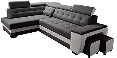 Robin Grand Ecksofa mit Schlaffunktion Bettkasten Kopfstützen Relaxfunktion 2 Hocker Sofa L-Form Schlafsofa Freistehende Eckcouch Schlafcouch Wohnzimmermöbel Wohnlandschaft Links Silber