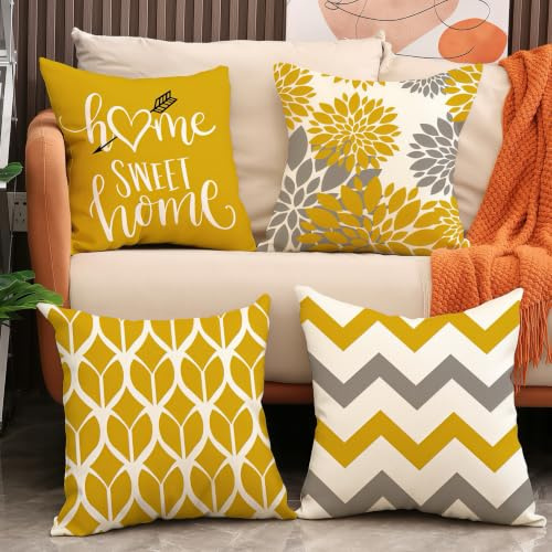 Aeuihmebg Cushion Covers 45 x 45cm 4 Pack Linen Throw Pillow Covers Soft Pillowcases for Sofa Bedroom 45cm x 45cm,18x18 Inches Yellow Series