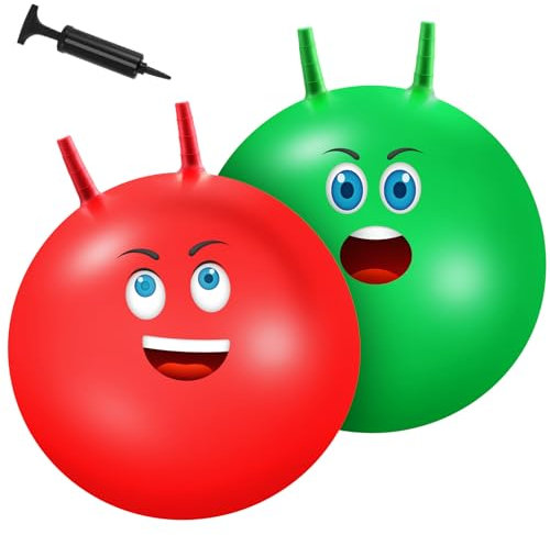 Hestya 2 Pcs Bounce Hopper 24 Inch/ 60cm Retro Exercise Ball Large Jumping Hop Ball Kangaroo Bouncer Toy with Handles and Pump for Little Ones Adult Indoor Outdoor Party Game, Red and Green