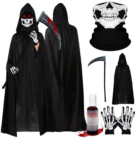 Byhsoep Deguisement Faucheur 120/170cm,Deguisement Halloween,Costume de Faucheur Avec Des Faucilles,Du Faux Sang,Des Gants et Des Masques,pour Cosplay,Carnavals,Fêtes Costumées (120CM-Noir)