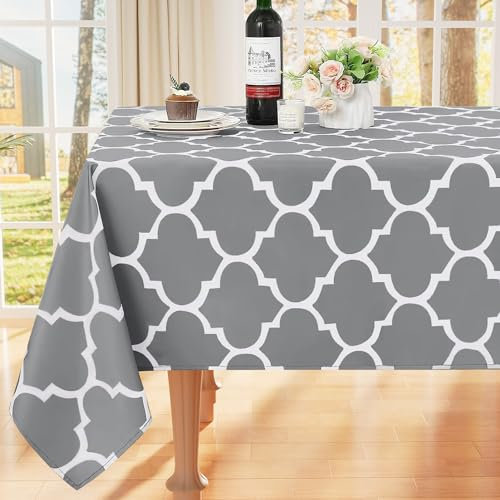 smiry Tischdecke Abwaschbar Rechteckig 140x180cm Tischtuch Polyester Wasserabweisend Lotuseffekt Marokkanisch Tischwäsche Schmutzabweisend Abwischbare Tafeldecke für Outdoor Party Küche,Grau