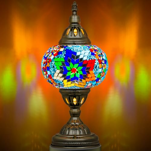 Marrakech Moroccan Mosaic Lamp Turkish Table Lamp, Handmade Turkish Light with Glass Shard and Bronze Base Including LED Bulb for Living Room Bedroom Decor (Coloful)