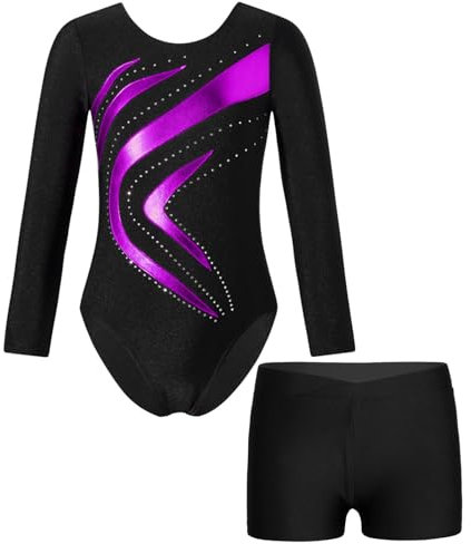 Alvivi Kinder Mädchen Turnanzug Langarm Gymnastikanzug mit Shorts Glitzer Ballettanzug Gymnastik Leotard Tanzbody Wettbewerb Tanzkostüm Lila 134-140