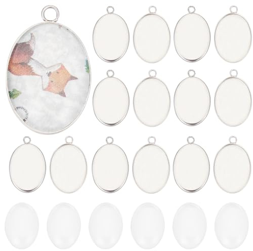 SUNNYCLUE 1 Box 80 Stück Lünettentabletts Ovales Anhängertablett Set Edelstahl Anhängertabletts Leere Foto Charm Anhängertablettrohlinge Lünetten Anhängertabletts Mit Glascabochons Für Die Schmuckhers