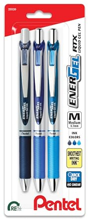 EnerGel RTX Gelschreiber, einziehbar, 0,7 mm, für Notizen, marineblaue und himmelblaue Tinte, Packung mit 3 Stiften (BL77LBNBP3M)