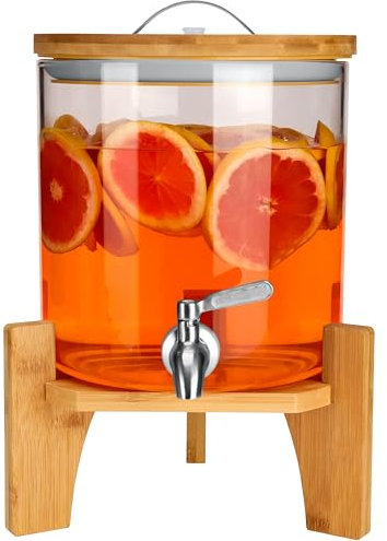 Belle Vous Dispenser Acqua - Distributore Bevande con Rubinetto - Contenitore in Vetro con Supporto in Bambù - Capacità 5 L - Caraffa per Bibite Calde e Fredde