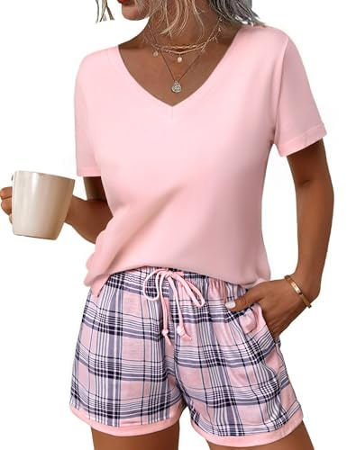 Litherday Pyjama Femme Court Ensemble Coton Col en V à Manches Courtes | Pantalon de Nuit Imprimé à carreaux Vêtements de Nuit