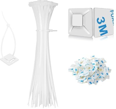 ieron 100 stycken vita buntband, 100 stycken, självhäftande fästen, multifunktionell, nylon, slips, dragkedja, buntband med bashållare, självhäftande kuddar, organisatör, omslag för gör-det-själv