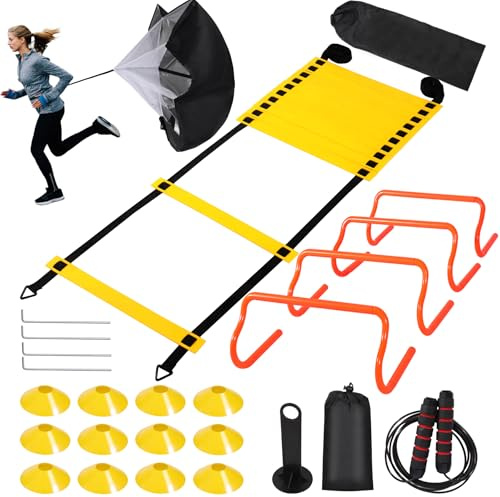 REDCAMP Fußball Trainingszubehör Kinder beinhaltet Agility Leiter, Gelb | Sprung Seil, Agility Hürden, Disc Cones, Fußball Training Ausrüstung mit Tasche für Junge Erwachsene