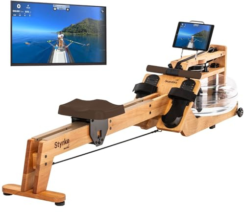 Skandika Wasserrudergerät Styrke Premium | Made in Germany, Rudergerät Wasser aus Holz, Kinomap App-Funktion, Rudermaschine für Zuhause, naturnahes Rudern, bis 180 kg