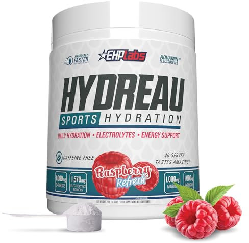 EHP Labs Hydreau Electrolitos en polvo sin azúcar, polvo de hidratación para resistencia y energía, para hombres y mujeres, electrolitos sin azúcar, (40 porciones, frambuesa refrescante)
