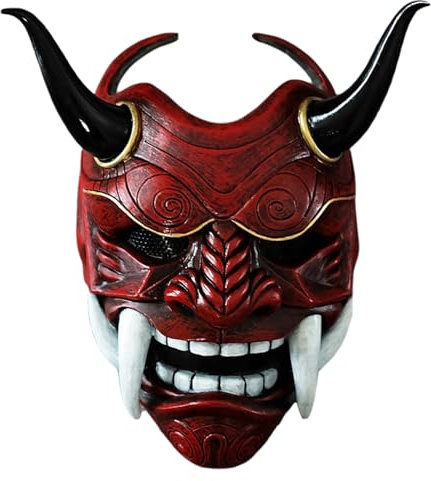 Samurajmask Oni-mask, japansk Hannya-mask i latex, skrämmande samuraj-mask för hela ansiktet med tänder och oxhorn, 28 x 24 cm skräck djävulsmask med elastiskt band för halloween, maskerad