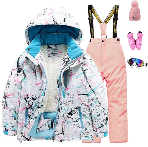 Amur Leopard Niños Traje de Esquí Cálida Impermeable Conjunto de Nieve 5 Piezas Chaqueta+Pantalón+Guantes+Sombrero+Espejo de Esquí, Blanco + Rosa, 16/160/12-13 Años