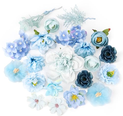 MWOOT 22 Stück Künstliche Blumenköpfe, Kunstblumen für Handwerk, Gefälschte Rosen Pfingstrose Hortensie für DIY Hochzeit Party Festival Haus Garten Dekoration, Kunstblumen Deko(Blau)
