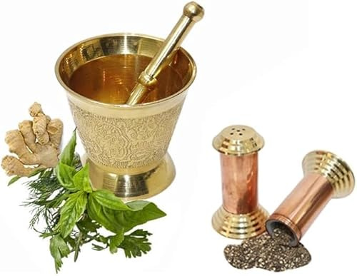 BRACOP Brass Mortar And Pestle Small Hamam Dasta Kitchen Gadgets Herb Crusher Spice Grinder Bowl Molcajete Cooking Tools Mortar Pestle Set Of 2 Pcs Indian Gifts Grinder For Kitchen