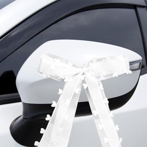 60 Stück Autoschleifen Hochzeit,Autoschmuck Hochzeit Auto Deko Hochzeit Schleifenband,Weiß Antennenschleifen mit Herzen für Party Geburtstag Geschenverpackung.Hochzeitsschleifen fürs Auto