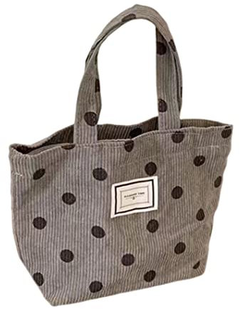 Jeorywoet Süße Einkaufstasche für Mädchen Cord -Handtasche mit kleinem Punkt Retro -Einkaufstasche Bento Lunchbag für Mädchen Geschenk 30 * 21 * 10 graue Cord -Handtasche
