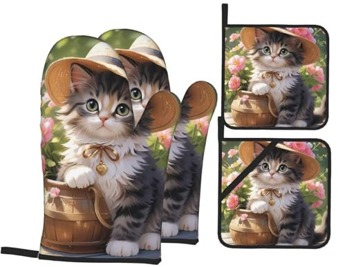 Set di 4 guanti da forno e presine con stampa di gatti, guanti resistenti al calore, accessori da cucina resistenti al calore