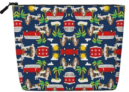 SamLng Basset Hound Dog Beach Bus Palm Trees Versatile Travel Toiletry Bag - Fake Hemp Makeup Bag, Perfect for Daily Use & Business Trips