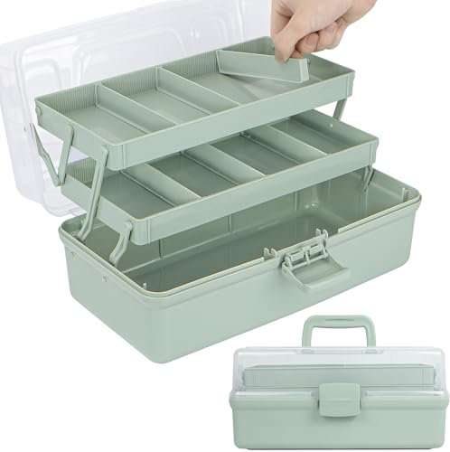 Creahaus 37cm 3-Regal Mehrzweck-Aufbewahrungsbox, Sortierbox, Organizer Box, Bastelbox, Nähkasten, Medizinkoffer, Toolbox, Angelkoffer mit 2 Regalen (Grün, 14XL)