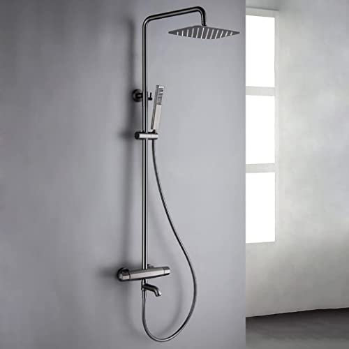 Set Doccia Sistema Doccia, Pistola Termostatica in Ottone Grigio Set Doccia A Tre Funzioni Deviatore Miscelatore Miscelatore con Altezza Regolabile Doccetta E Rubinetti per Vasca, Set Doccia,B