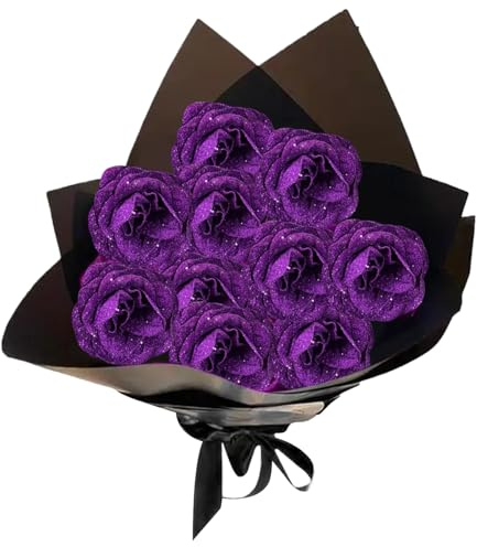CAKEEYUM Glitzer Rosen Bouquet 1 Set Realistische künstliche Rosenbouquet -Set umfasst 10 Rose, 10 Stiel, 2 Packpapier und 2 Band Romantische Everlastende Blumenstrauß für Hochzeit, Valentine, Lila