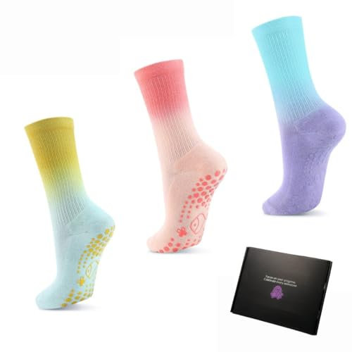 EgoNova Pilates Socken mit Grip für Damen – Bequeme & Hohe Socken in Verschiedenen Farben, Rutschfeste Socken für Pilates, Yoga, Barre, Tanz und Freizeit (3 Paar mit Recycelbarer Geschenkbox)