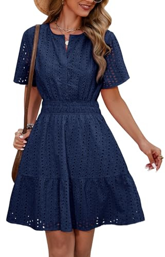 Yuson Girl Kleid Damen Sommerkleid V-Ausschnitt Kurzärmeliges Kleider Sommer Baumwolle Ausgehöhltes Minikleid Kurz Strandkleid Freizeitkleid High Waist A-Linien Sommerkleid