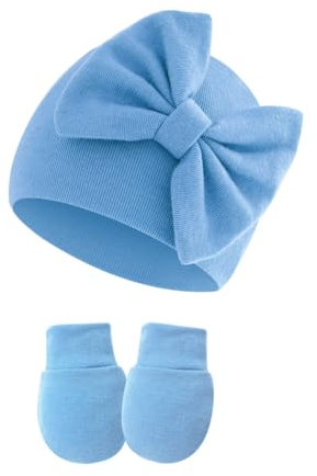 AMateschitz Neugeborenes Mütze und Handschuhe Set Babymütze mit Schleife Anti-Grab Fäustlinge Infant Babyhandschuhe mit Turban Beanie Mütze Kratzfäustlinge für Kindergarten Blau Einheitsgröße