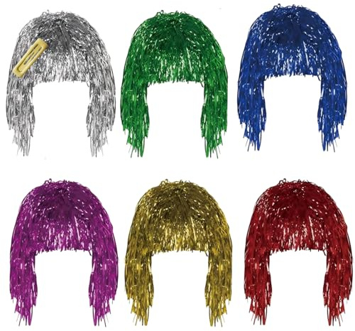 Party Wigs 6 PCS,Tinsel Wig,Funny Wig for Women & Men,Cosplay, Halloween, Masquerade, And Fancy Dress Accessories,Adjustable & Reusable