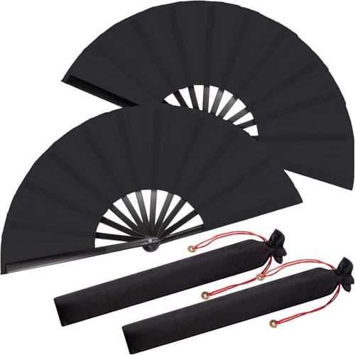 CutitiUU 2 Stück Faltbare Handfächer, Großer Faltbarer Seidenhandfächer, Chinesischer Tai Chi Fächer, Für Festival, Tanz, Geschenk (Schwarz)