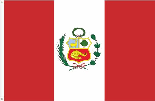 BANDERA DE PERU CON ESCUDO. CALIDAD RASO PREMIUM. TAMAÑO GRANDE 150X90 CM.