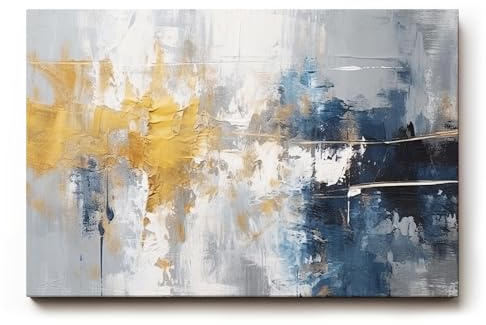 Sinus Art Wandbild 120x80cm Markante abstrakte Farbflächen in Blau, Gold und Weiß erzeugen Tiefe und Ausdruckskraft im Raum