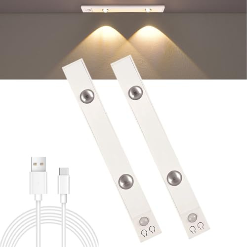 2 Pack White 20cm Under Cabinet Strip Light, 2 LED Beads – Sensor Lights with Motion Sensor Function, Easy to install with no tools needed.， Rechargeable Lights for Kitchen, Cupboard, Wardrobe.