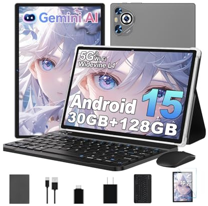 Dghrti Android 15 Tablet, 30GB RAM + 128GB ROM 1TB TF, 2025 Tablet with Keyboard and Mouse, 10.1 inch Touchscreen, 8000mAh Battery, Incell Display, 2.0GHz, Gemini AI, 5G WiFi, BT 5.0, GPS- Metal Grey