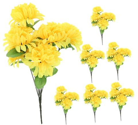 POPETPOP Bouquet Jaunes en Tissu et Plastique de 7 Chrysanthèmes Artificiels Solide Fleurs Funéraires pour Décoration de Cimetière et Balcon