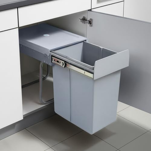 [en.casa] Poubelle Encastrable sur Rails Coulissants Tri Sélectif Sous Évier Collecteur de Déchets Bacs 1 x 20L Peu Encombrant Cuisine Plastique Acier 34 x 26 x 42 cm Gris