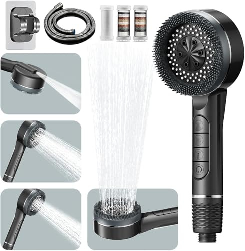 High Pressure Shower Head, 4 Spray Modes Shower Heads with 1.5M Shower Hose, Hard Water Filter Showerhead with ON/Off Switch, Handheld Massage Powerful Shower Head for Chlorine Remove, Gray