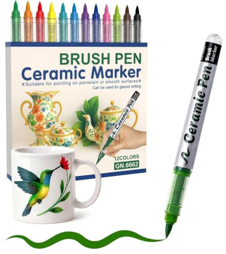 12 Colors Porcelain Pens for Ceramic, 1–8mm Brush Tip Porcelain Markers for Mugs, Plates & Glass, Waterproof Acrylic Paint Pens for DIY Crafts, Christmas Ornaments & Wine Glass Decorating(1set)