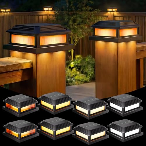 Quntis Luz Solar para Postes Exterior, 5 Modos con Efecto Llama, Farolas Solares Exterior IP44 Impermeables, Lampara Solar Exterior para Postes 9-13cm, Jardín Terraza Valla 8 Piezas
