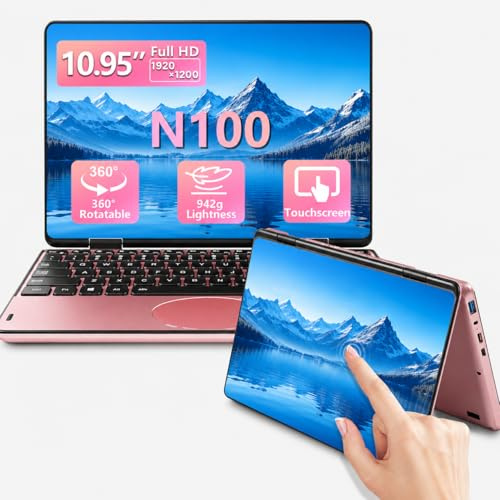BINHENGLON 11 inch Laptop, 2 in 1 Laptops with 360° Touchscreen, Celeron N100 (Up to 3.4GHz), 16GB DDR4, 1920x1200 IPS, Backlit Keyboard, Side Power Button, Oval Touchpad(Rose Gold, 16GB+512GB SSD)