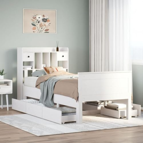 Ordellia Massiv träsäng, vit, 90 x 190 cm furu, plattformssäng med ribbotten, sänggavel hylla och lådor, möbler för sovrum