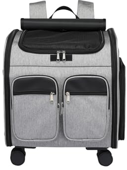 Galatée Mochila para Perros con Ruedas Extraíbles, Bolsa De Viaje para Perros Aprobada por Aerolíneas, Carriola Plegable para Mascotas con Ventanas De Malla para Ventilación(Gris)