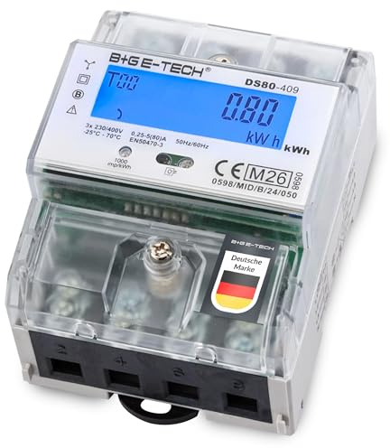 Drehstromzähler DS80-409 MID für Hutschiene – Digitaler 3-Phasen Stromzähler 80A mit LCD, IR-Schnittstelle und S0-Ausgang (M26)