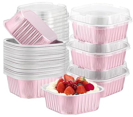 Hniuyun 50 Pack Aluminum Foil Mini Loaf and Square Baking Pans with Lids 180ml Cake Bread Molds for Brownies Holiday Gifts Packaging (Pink)