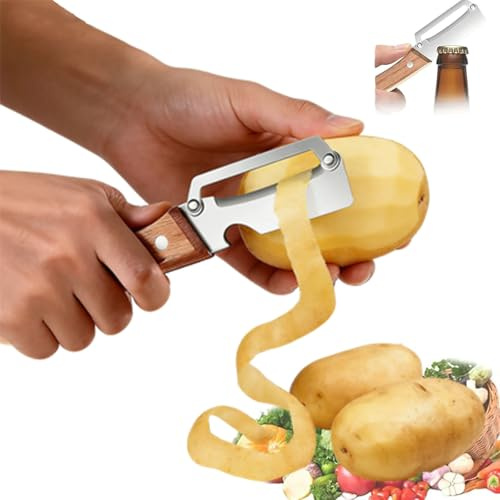 OLYGEE Vegetable Peeler Stainless Steel with Wooden Handle, 2-in-1 Multifunctional Kitchen Tool for Potato Apple Carrot, Ergonomic Fruit Peeler with Bottle Opener (1pcs)