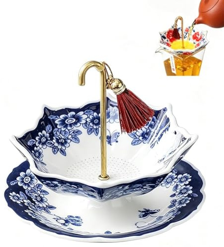 Colador de té de cerámica con forma de paraguas, filtro de hojas sueltas de porcelana azul y blanca con diseño giratorio, infusor de té multiusos, colador de cerámica para café y té (A)